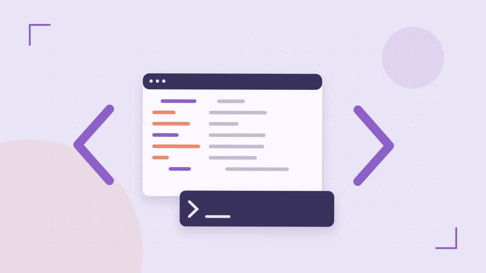 Editorial illustration of an abstract code editor, syntax blocks and oversized programming brackets
