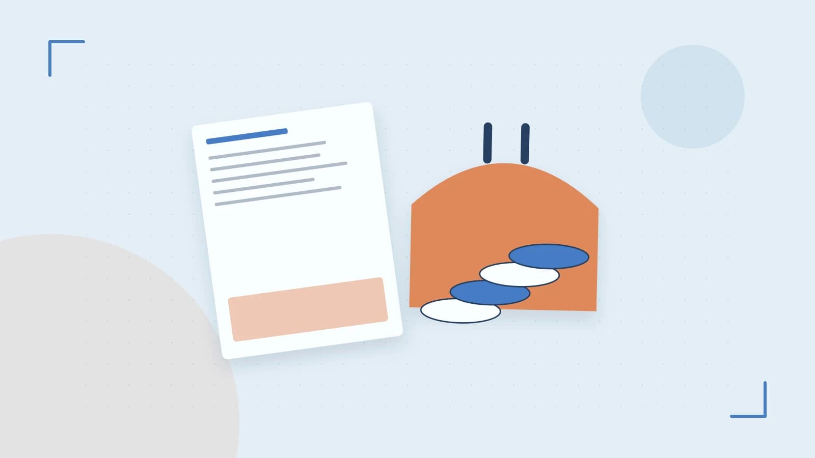 Editorial illustration of abstract coins, a payment card and a geometric financial chart without data labels