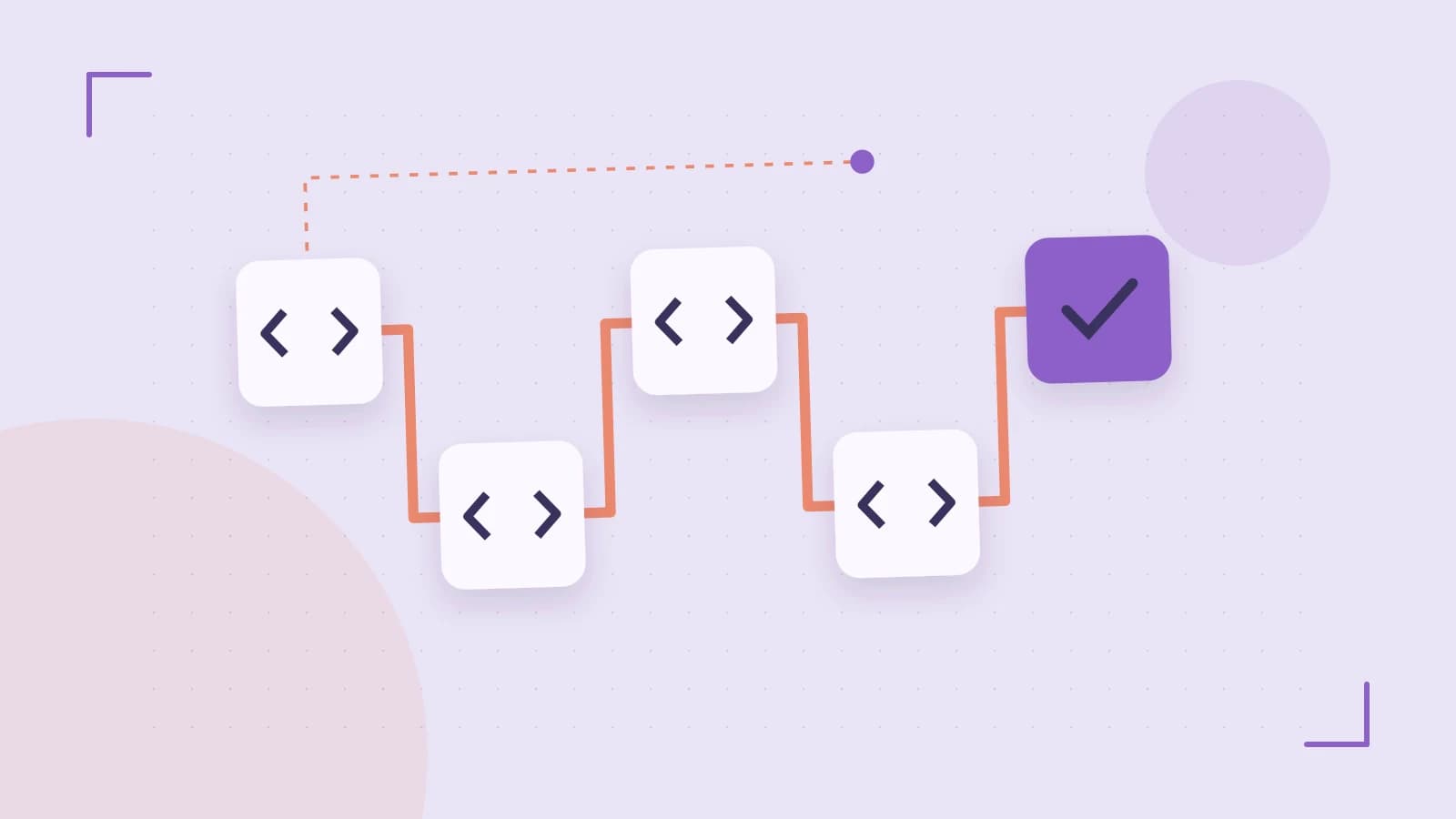Editorial illustration of a branching build pipeline, staged transformations and a completed check