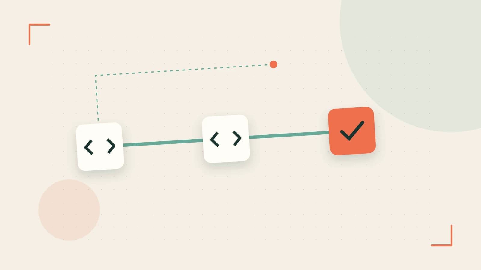 Editorial illustration of a branching build pipeline, staged transformations and a completed check