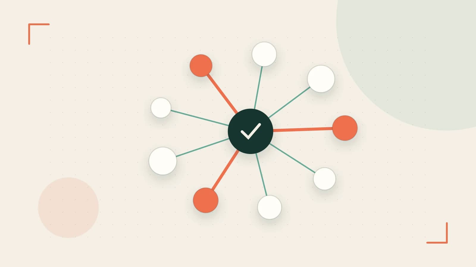 Editorial illustration of an algorithmic node graph with branching paths and a highlighted result