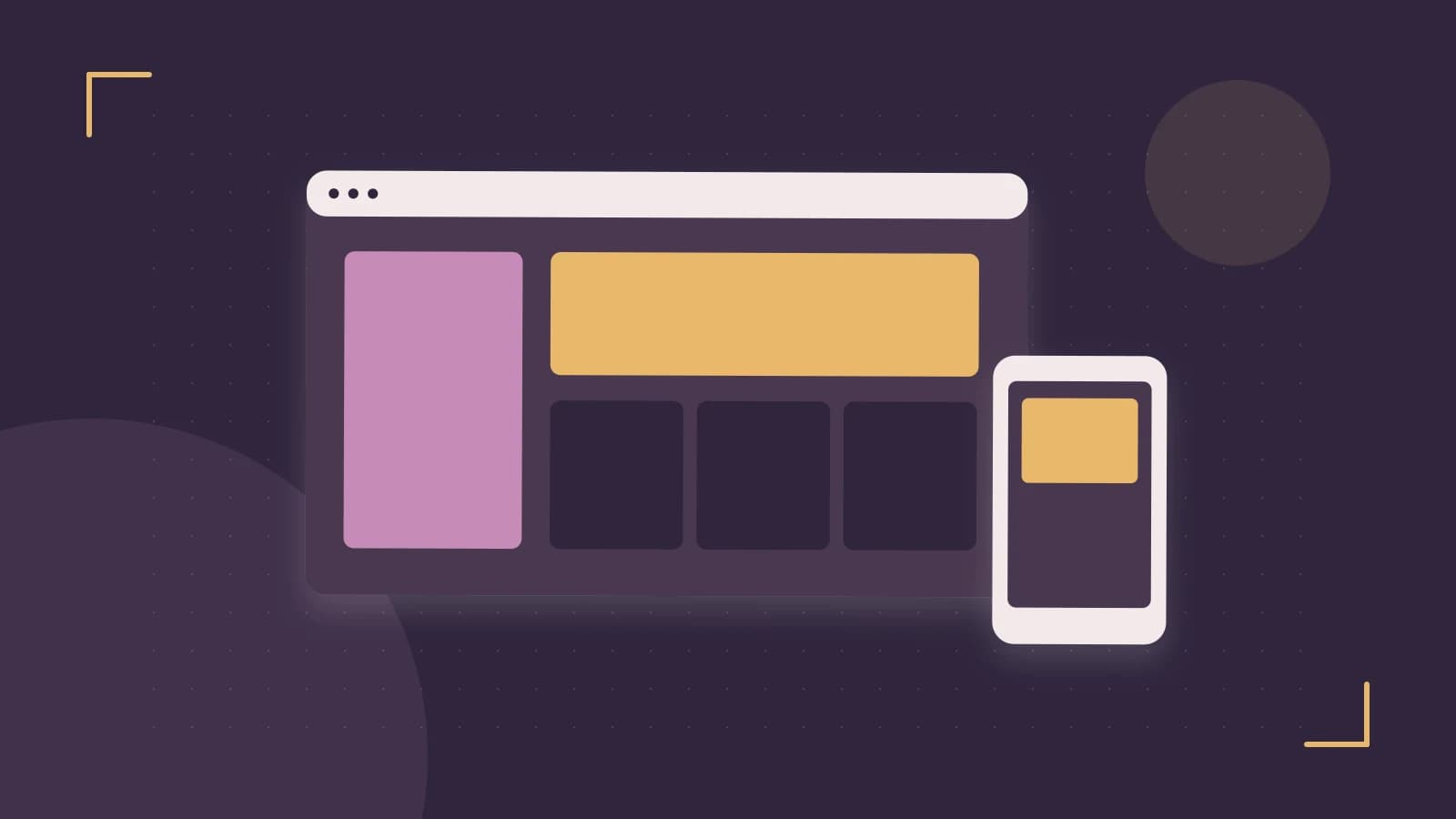 Editorial illustration of responsive browser layouts, overlapping design components and a color system