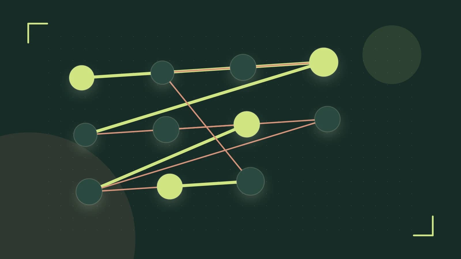 Editorial illustration of an algorithmic node graph with branching paths and a highlighted result