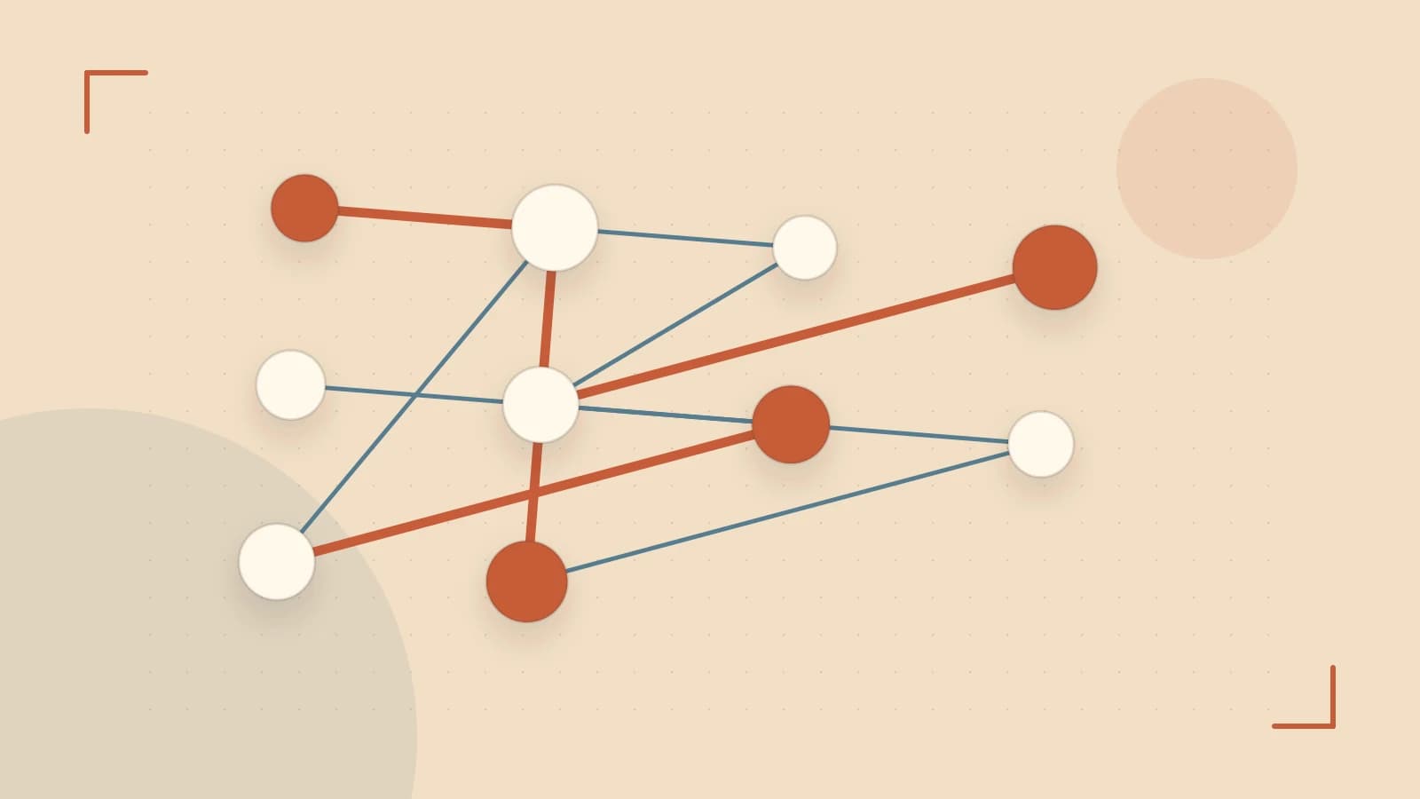Editorial illustration of an algorithmic node graph with branching paths and a highlighted result