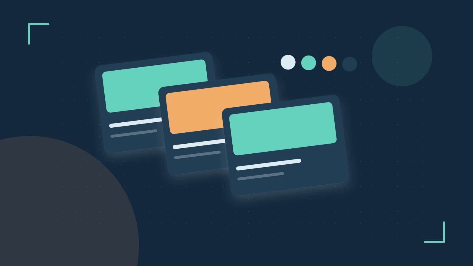 Editorial illustration of responsive browser layouts, overlapping design components and a color system