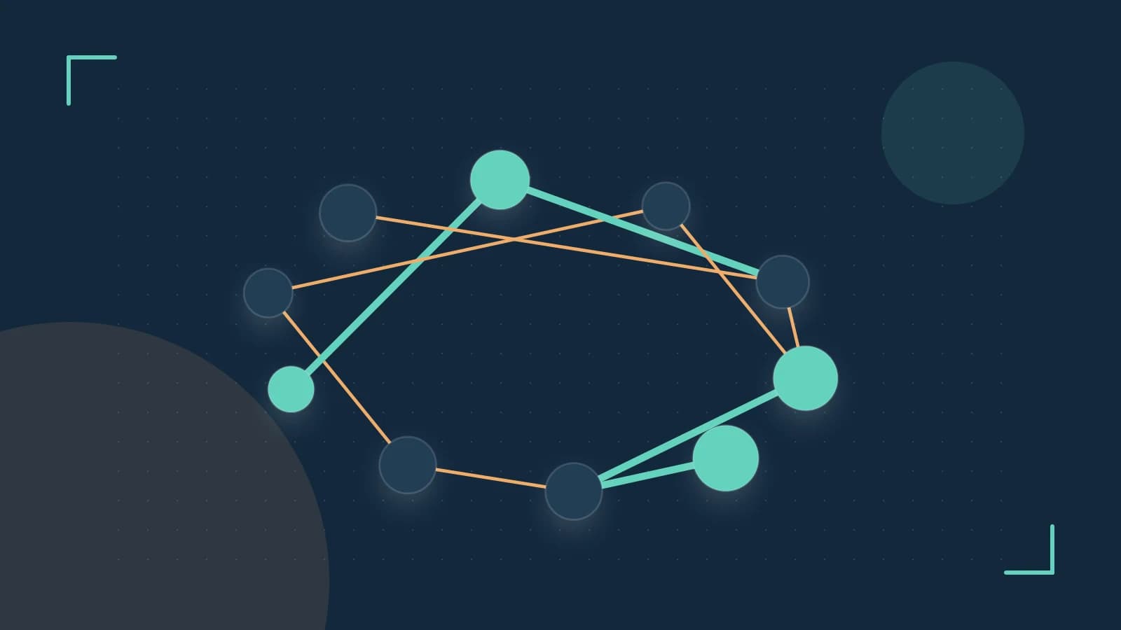 Editorial illustration of an algorithmic node graph with branching paths and a highlighted result