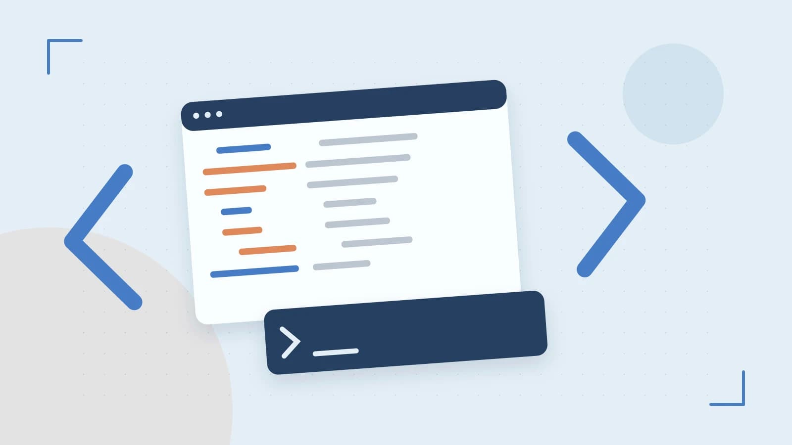 Editorial illustration of an abstract code editor, syntax blocks and oversized programming brackets