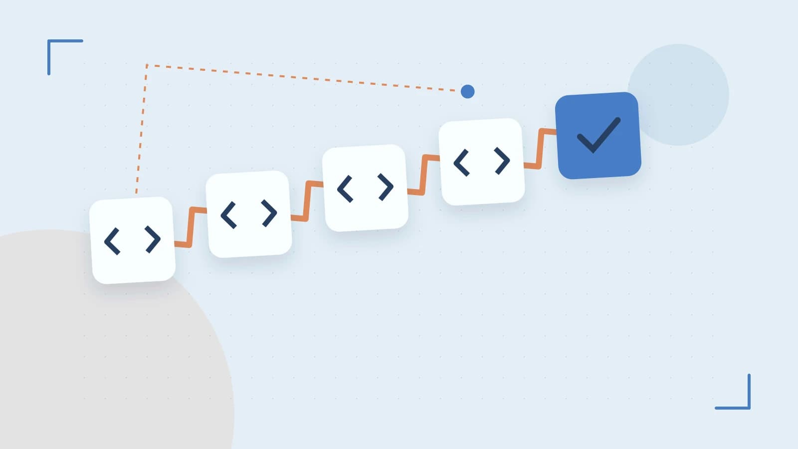 Editorial illustration of a branching build pipeline, staged transformations and a completed check
