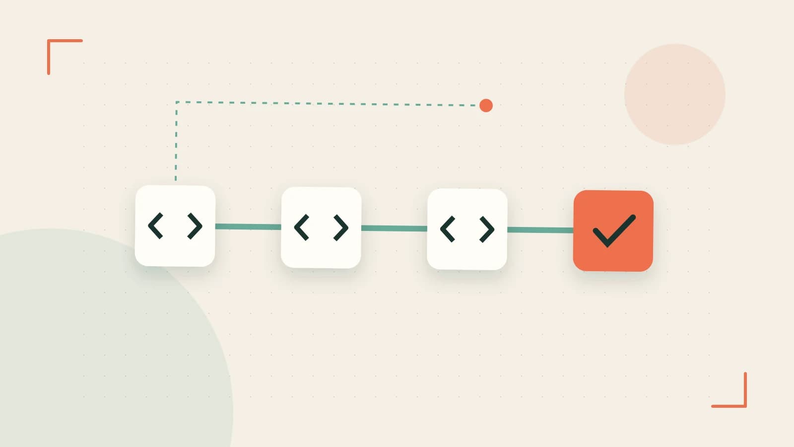 Editorial illustration of a branching build pipeline, staged transformations and a completed check