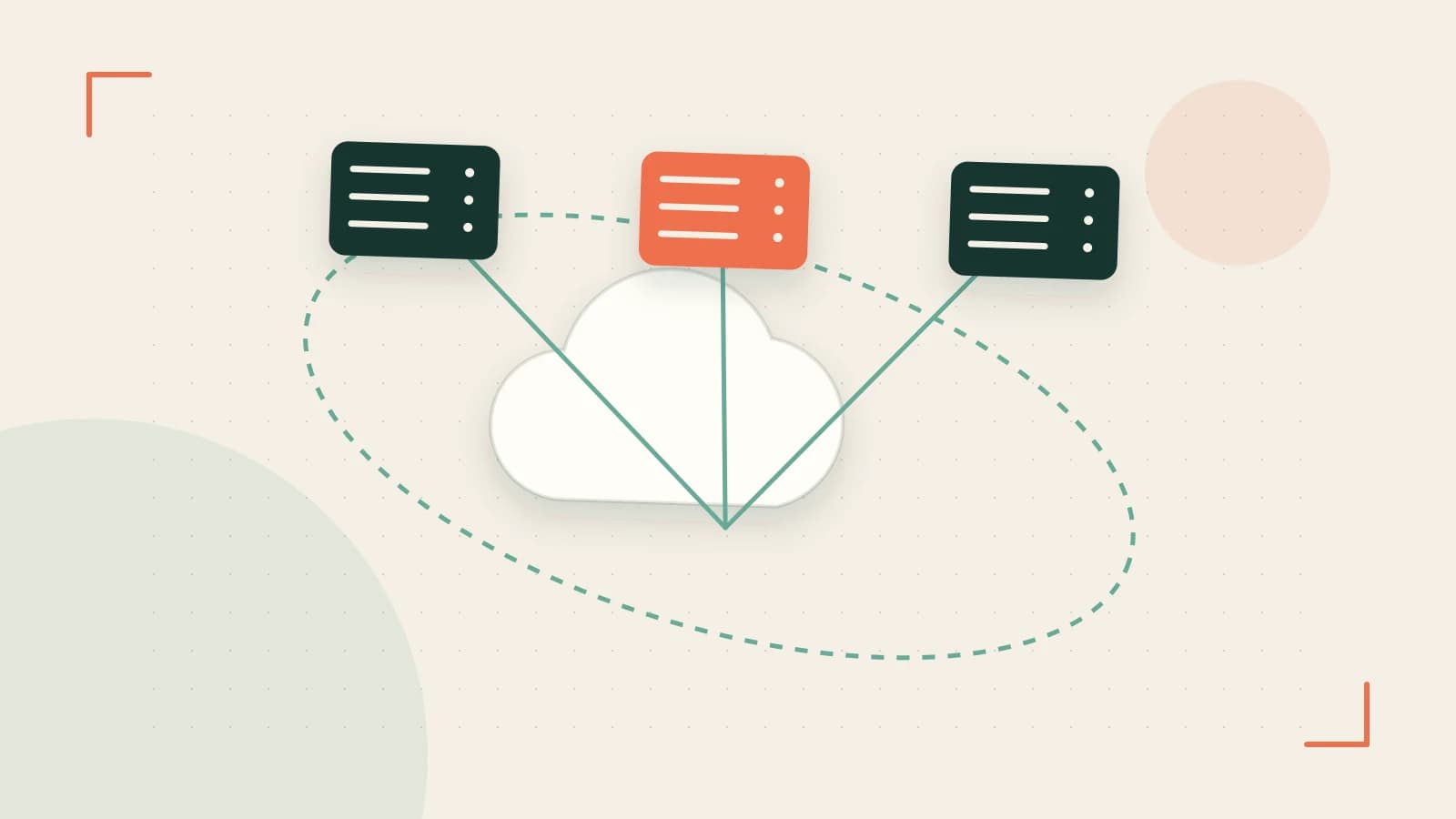Editorial illustration of cloud infrastructure, connected server racks and an orbital service map