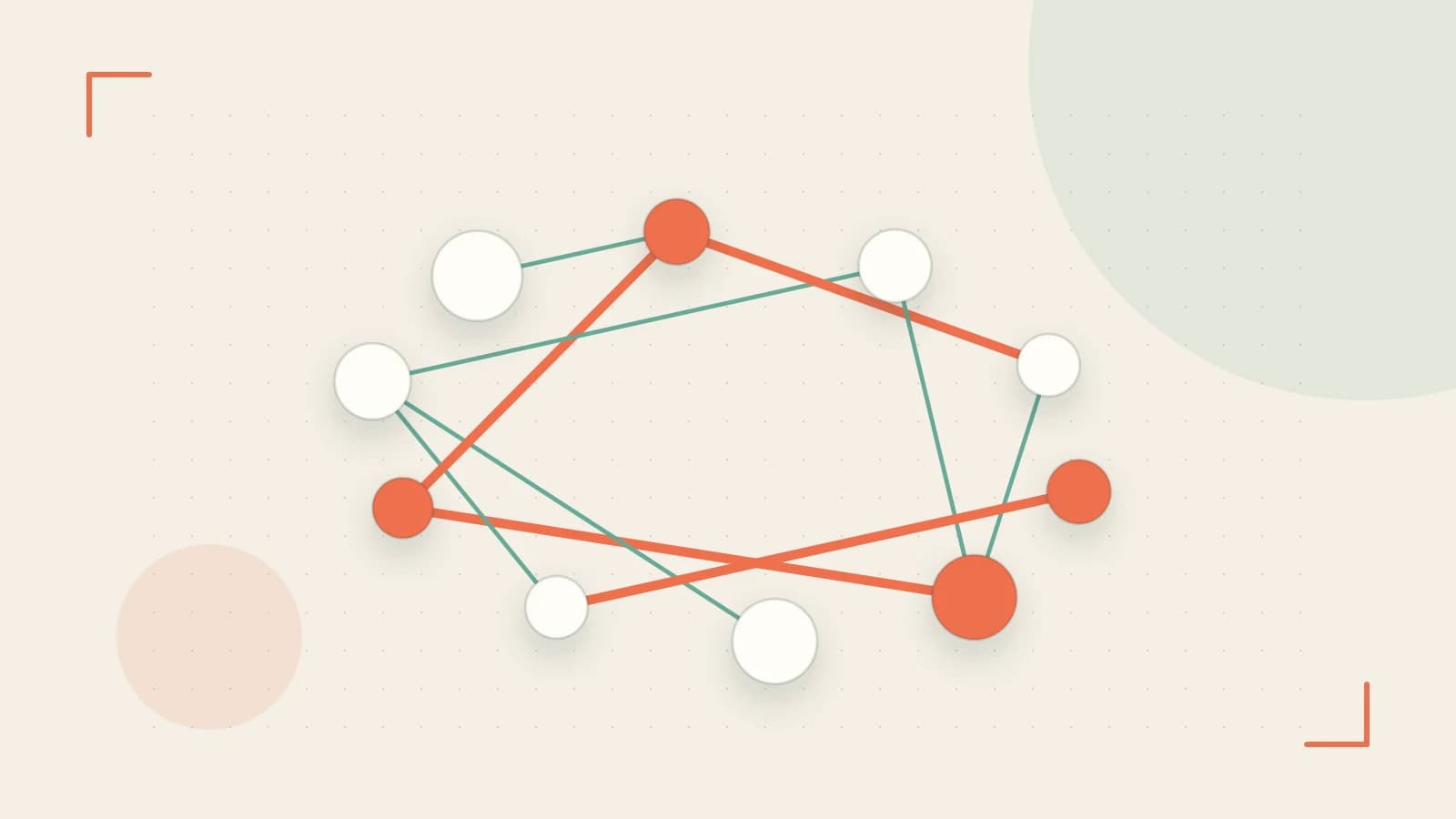 Editorial illustration of an algorithmic node graph with branching paths and a highlighted result