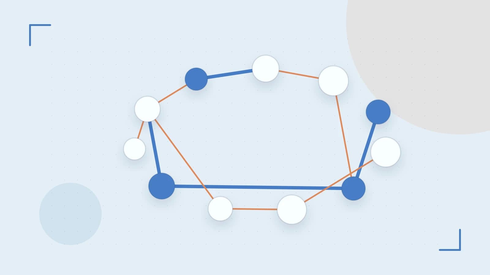 Editorial illustration of an algorithmic node graph with branching paths and a highlighted result