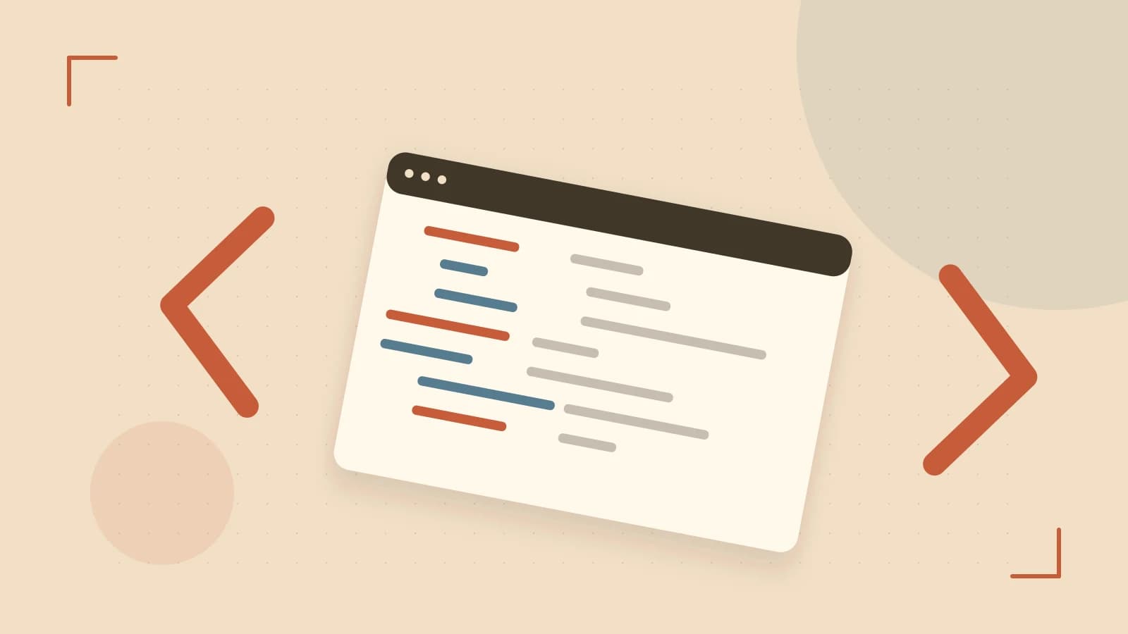 Editorial illustration of an abstract code editor, syntax blocks and oversized programming brackets