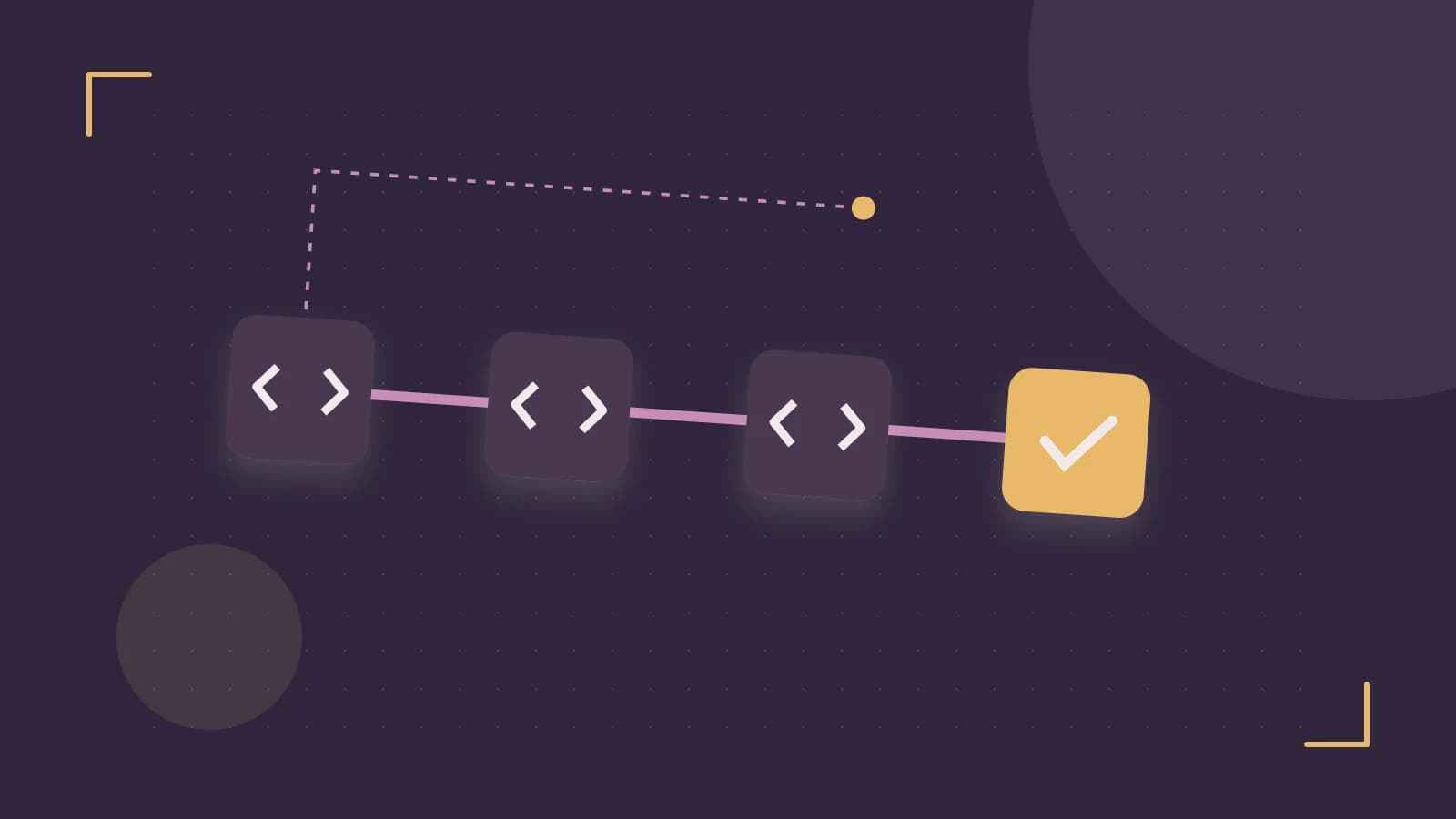 Editorial illustration of a branching build pipeline, staged transformations and a completed check