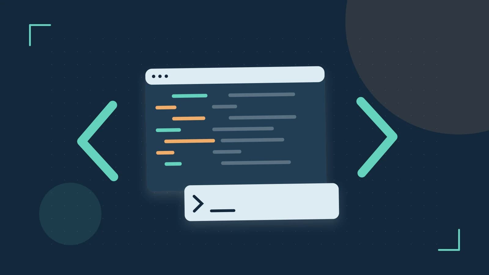 Editorial illustration of an abstract code editor, syntax blocks and oversized programming brackets