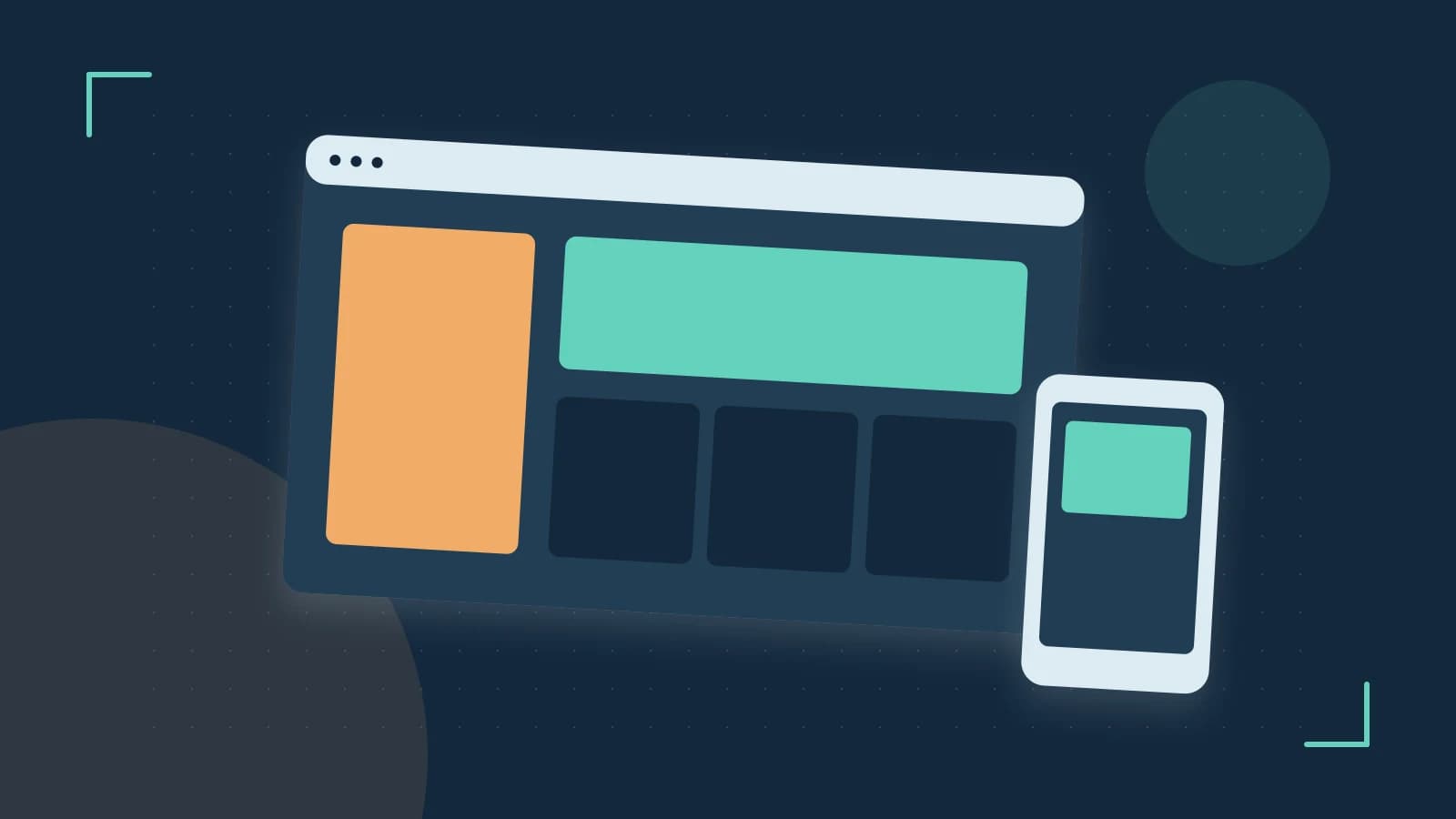 Editorial illustration of responsive browser layouts, overlapping design components and a color system