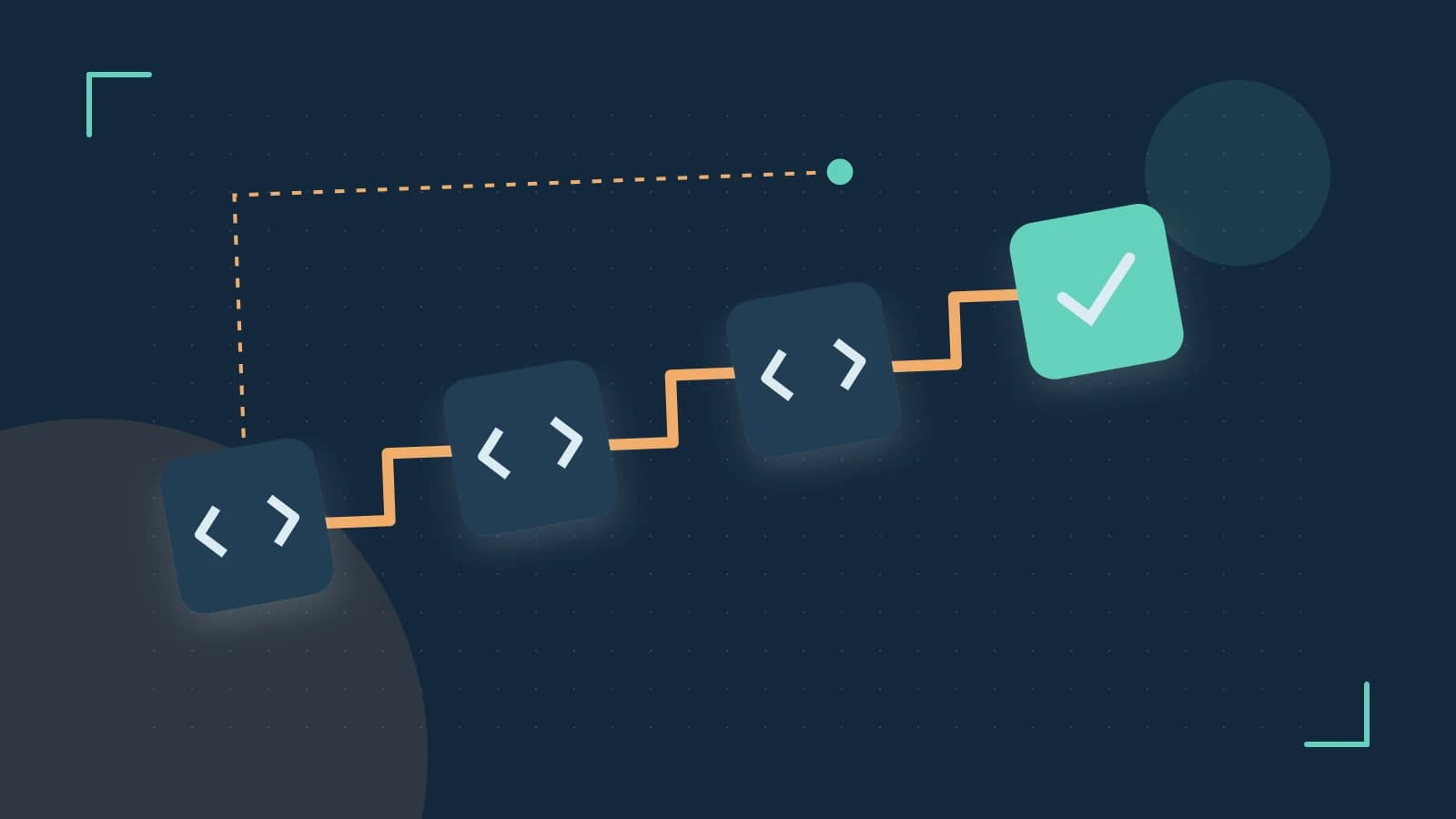 Editorial illustration of a branching build pipeline, staged transformations and a completed check