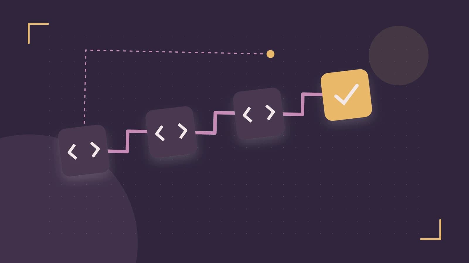 Editorial illustration of a branching build pipeline, staged transformations and a completed check