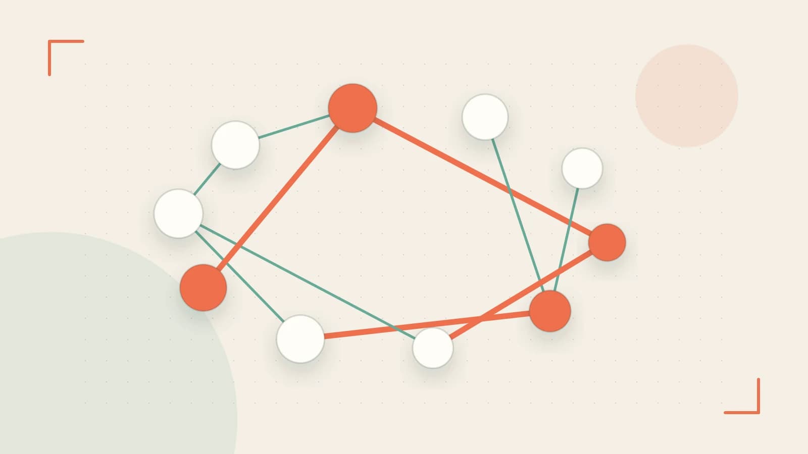 Editorial illustration of an algorithmic node graph with branching paths and a highlighted result