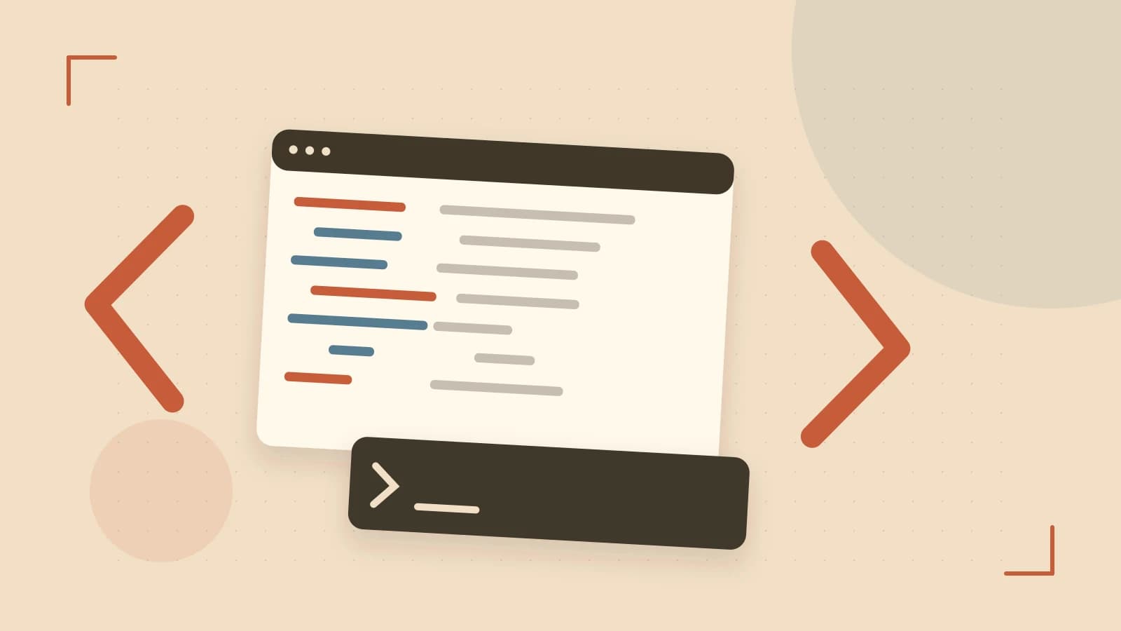 Editorial illustration of an abstract code editor, syntax blocks and oversized programming brackets