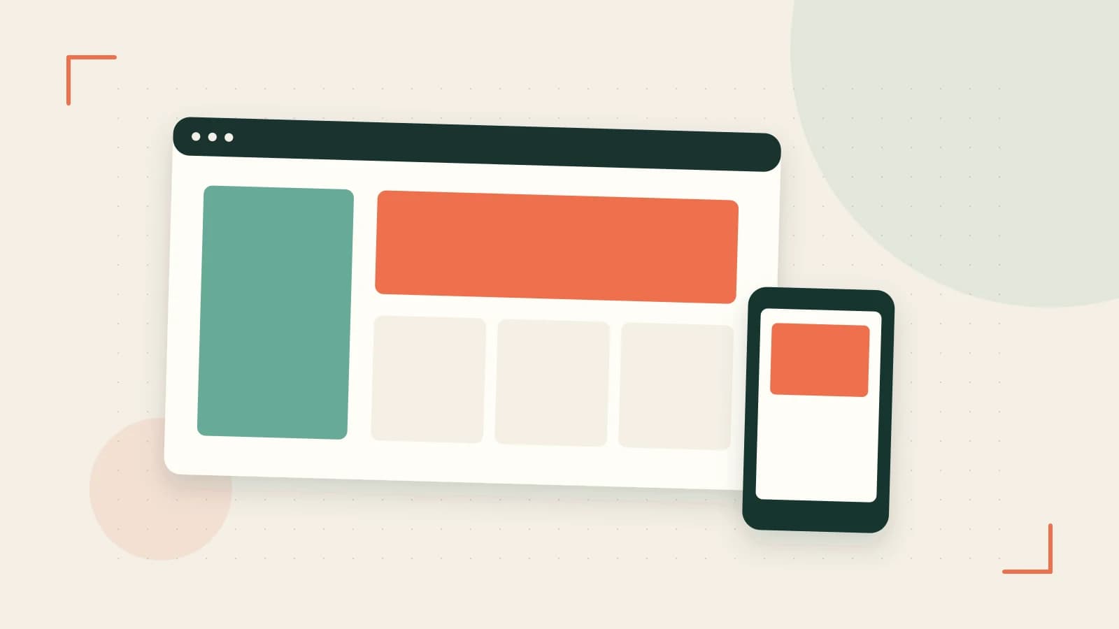 Editorial illustration of responsive browser layouts, overlapping design components and a color system