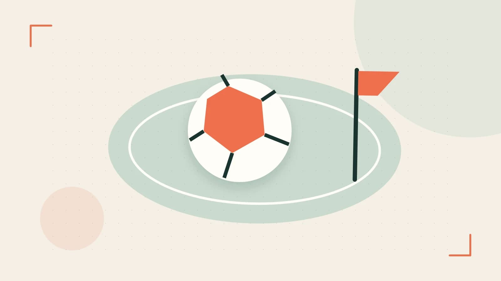 Editorial illustration of a stylized sports ball, stadium geometry and dynamic arcs