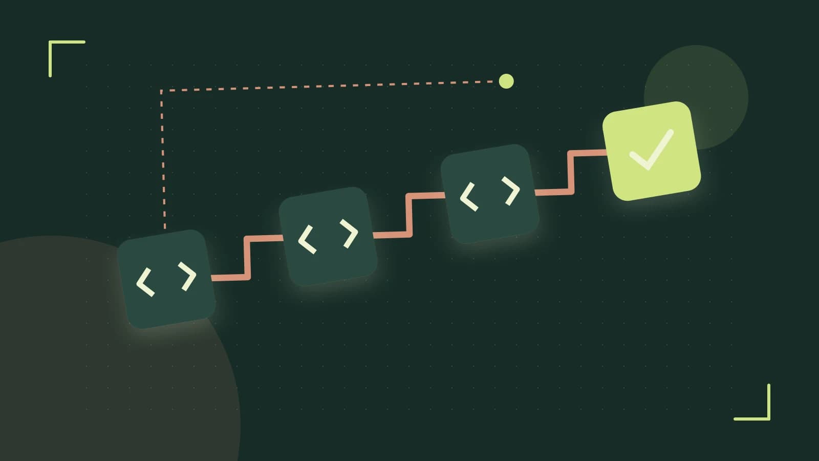 Editorial illustration of a branching build pipeline, staged transformations and a completed check