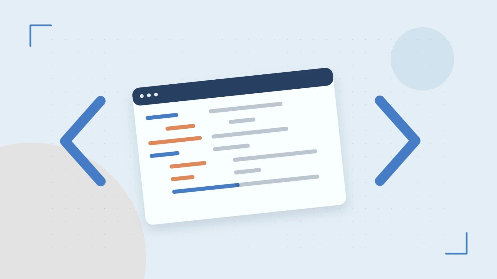 Editorial illustration of an abstract code editor, syntax blocks and oversized programming brackets