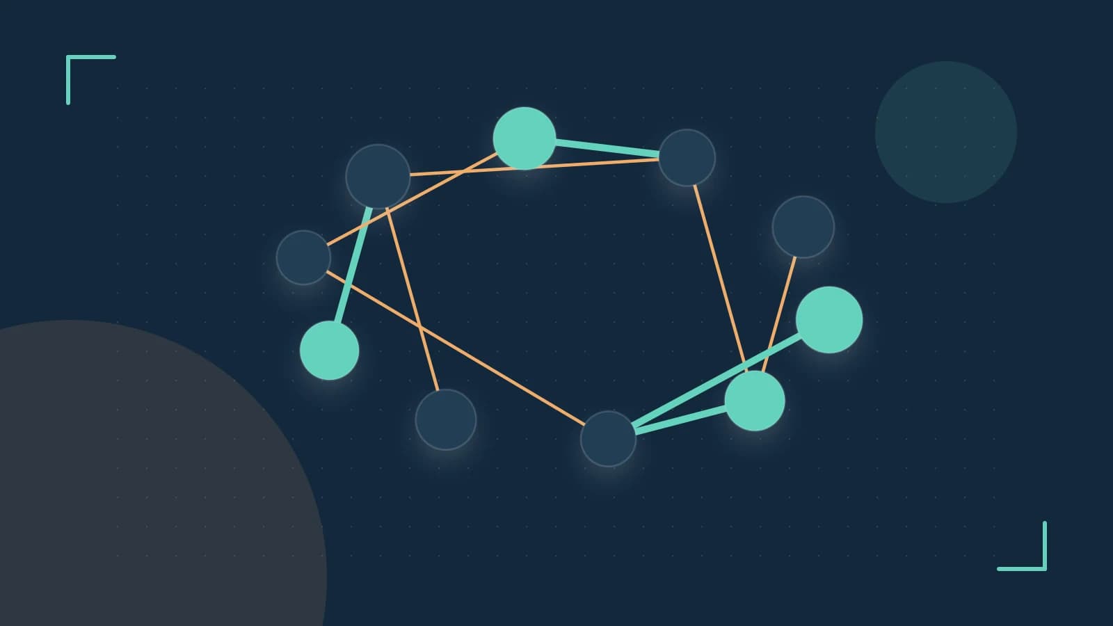 Editorial illustration of an algorithmic node graph with branching paths and a highlighted result