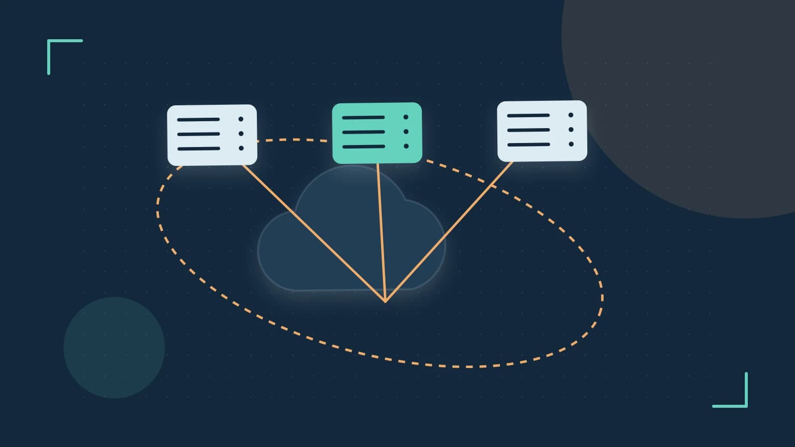 Editorial illustration of cloud infrastructure, connected server racks and an orbital service map