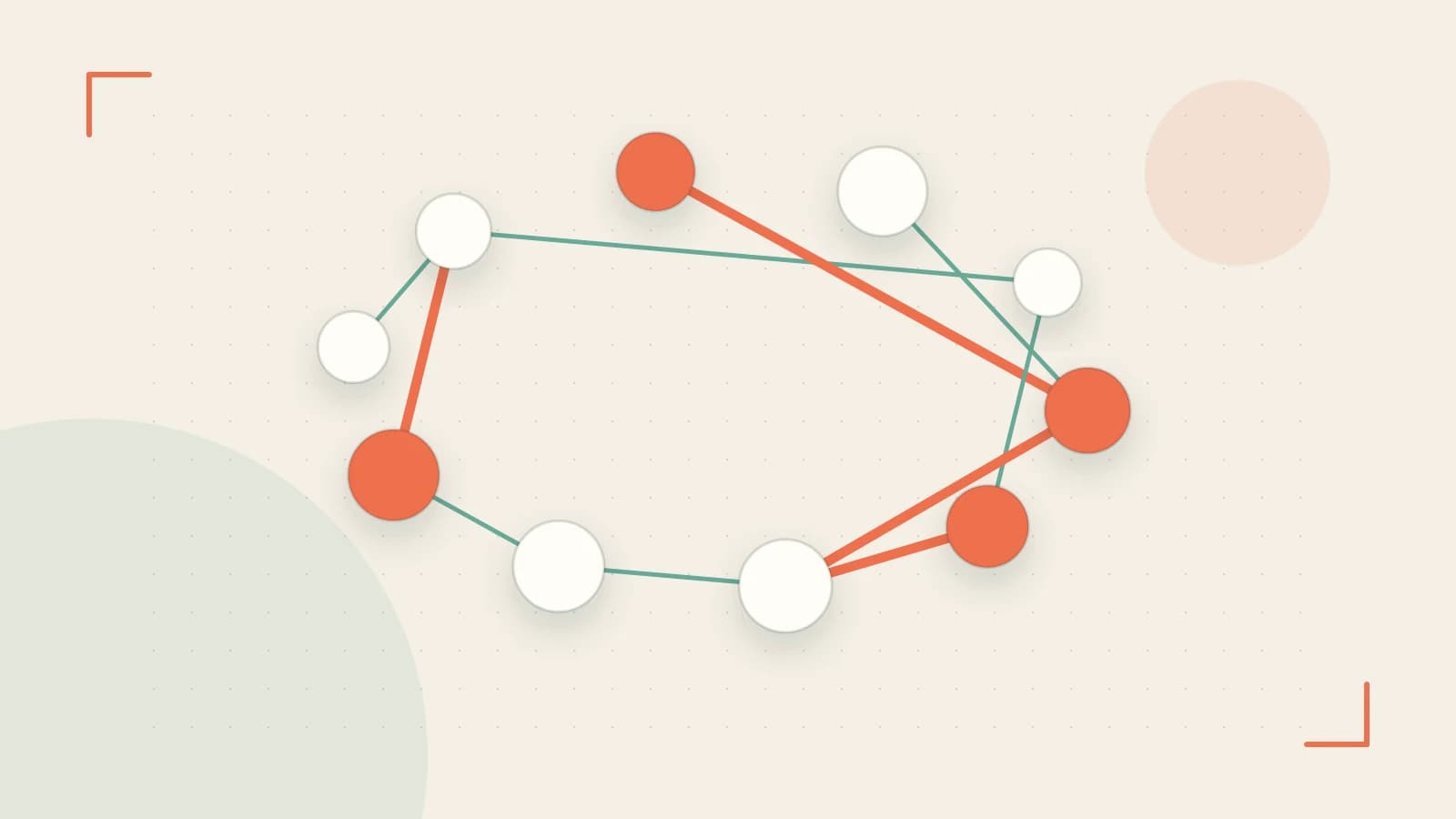 Editorial illustration of an algorithmic node graph with branching paths and a highlighted result