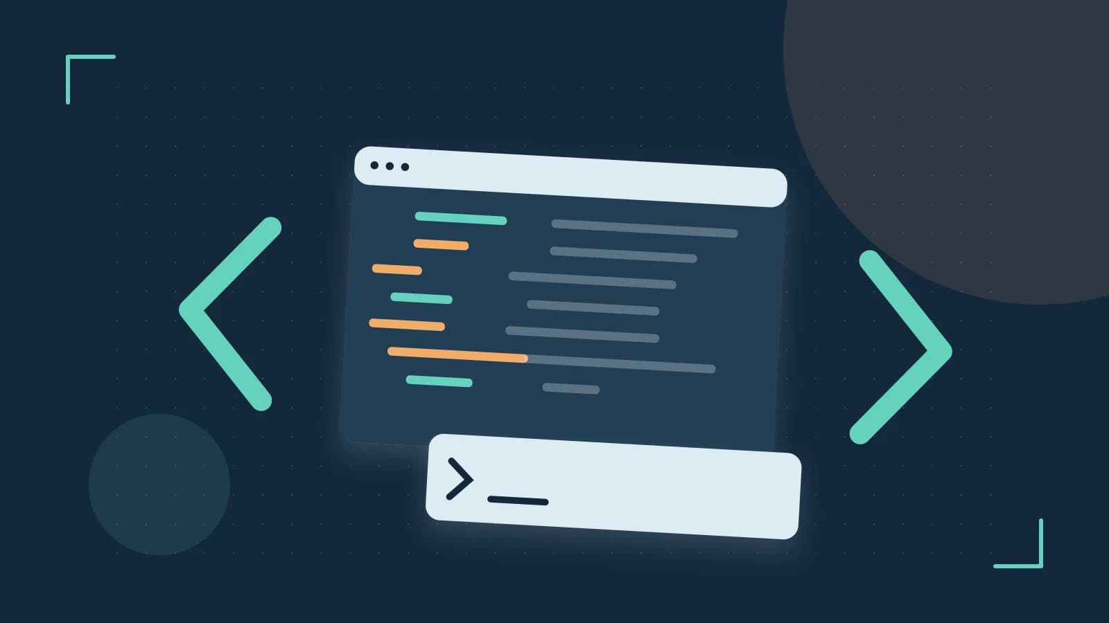 Editorial illustration of an abstract code editor, syntax blocks and oversized programming brackets