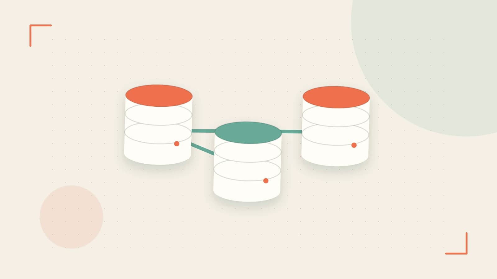 Editorial illustration of structured records, database cylinders and relationships between tables