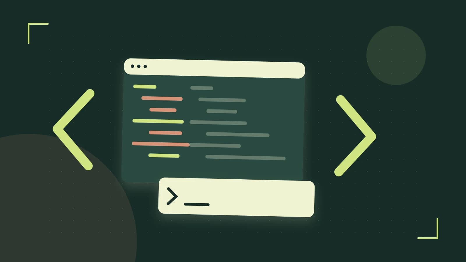 Editorial illustration of an abstract code editor, syntax blocks and oversized programming brackets