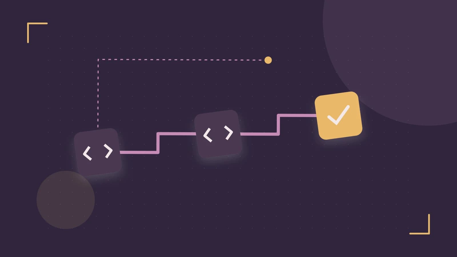 Editorial illustration of a branching build pipeline, staged transformations and a completed check