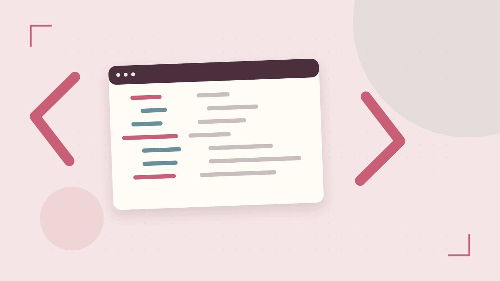 Editorial illustration of an abstract code editor, syntax blocks and oversized programming brackets