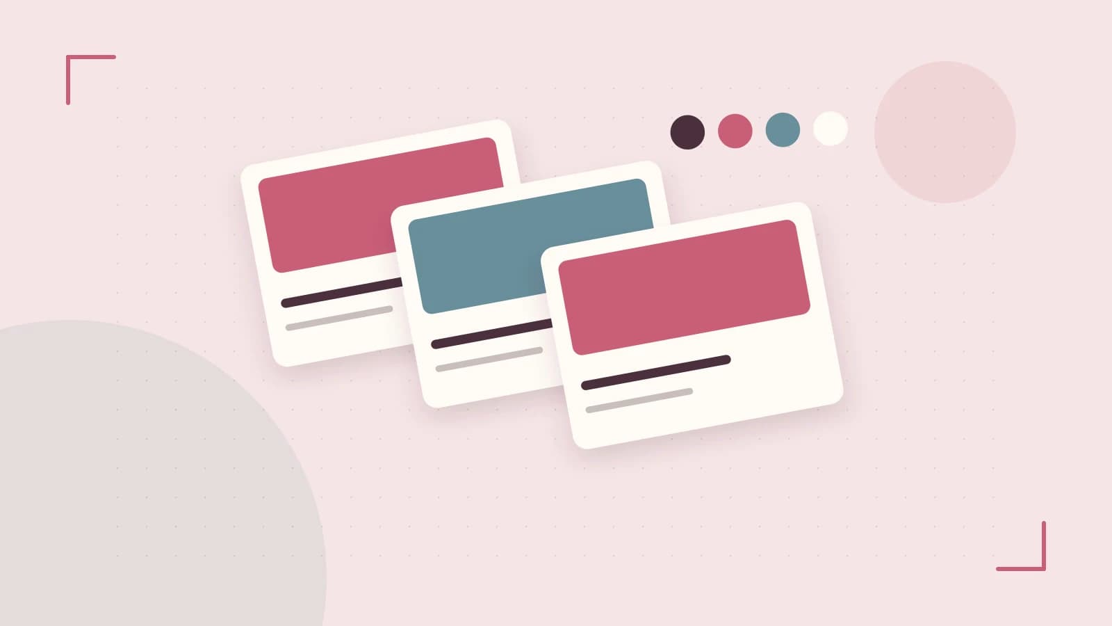 Editorial illustration of responsive browser layouts, overlapping design components and a color system
