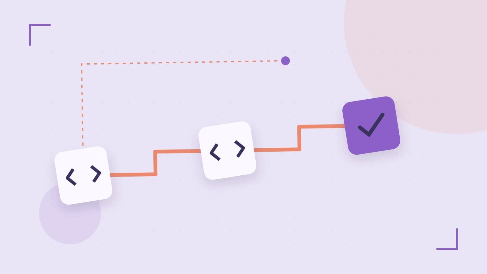 Editorial illustration of a branching build pipeline, staged transformations and a completed check