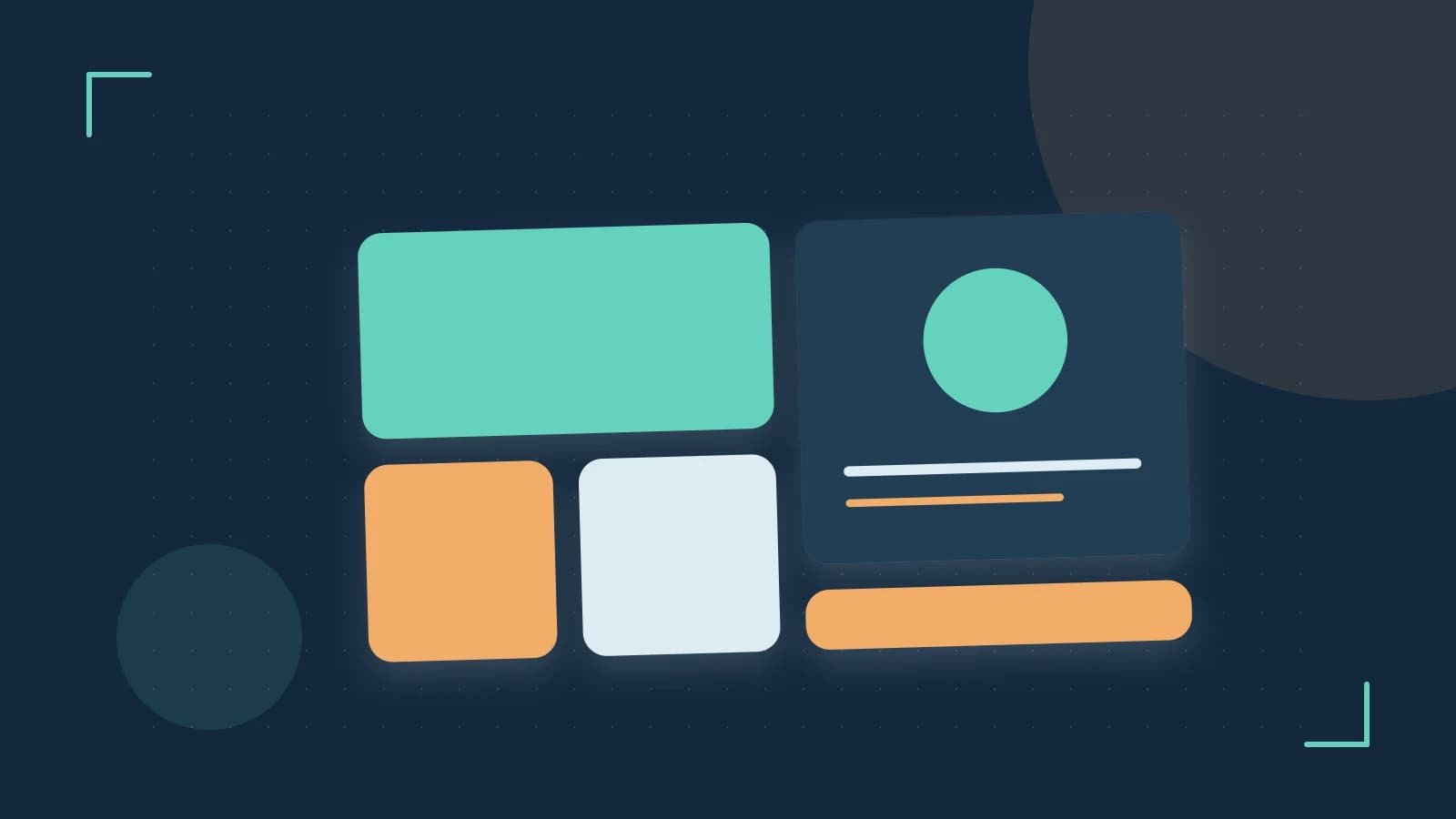 Editorial illustration of responsive browser layouts, overlapping design components and a color system