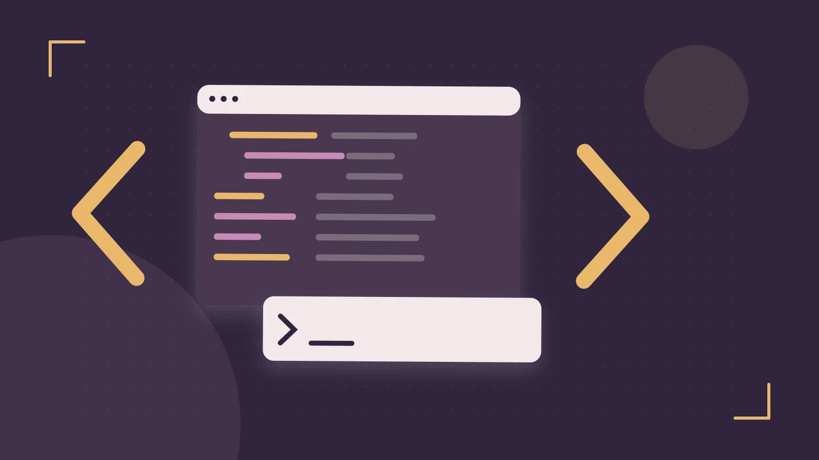 Editorial illustration of an abstract code editor, syntax blocks and oversized programming brackets