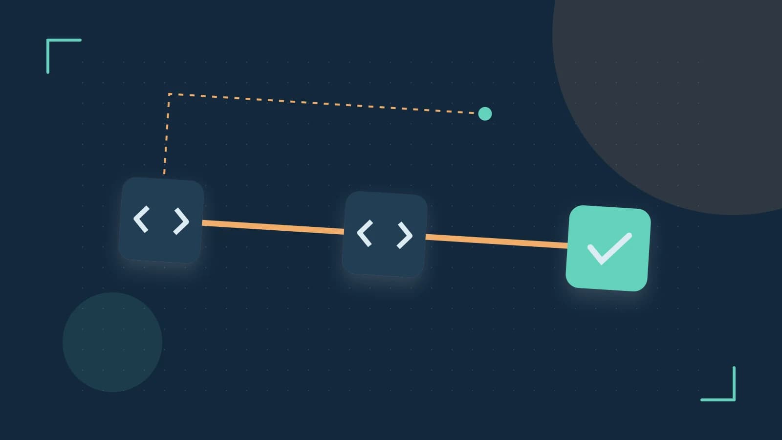 Editorial illustration of a branching build pipeline, staged transformations and a completed check
