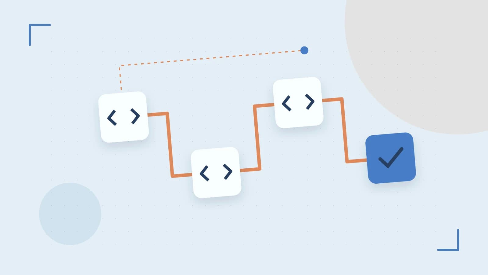 Editorial illustration of a branching build pipeline, staged transformations and a completed check