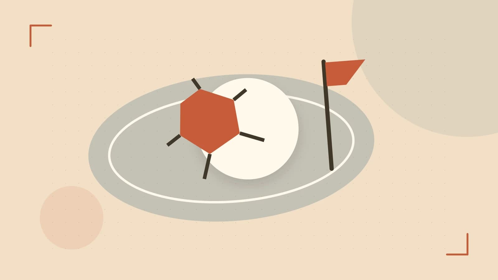 Editorial illustration of a stylized sports ball, stadium geometry and dynamic arcs