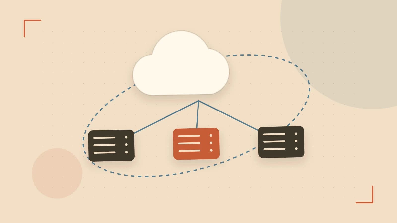 Editorial illustration of cloud infrastructure, connected server racks and an orbital service map