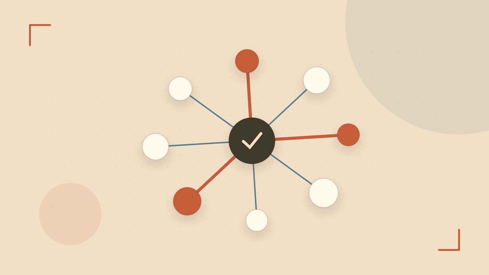 Editorial illustration of an algorithmic node graph with branching paths and a highlighted result