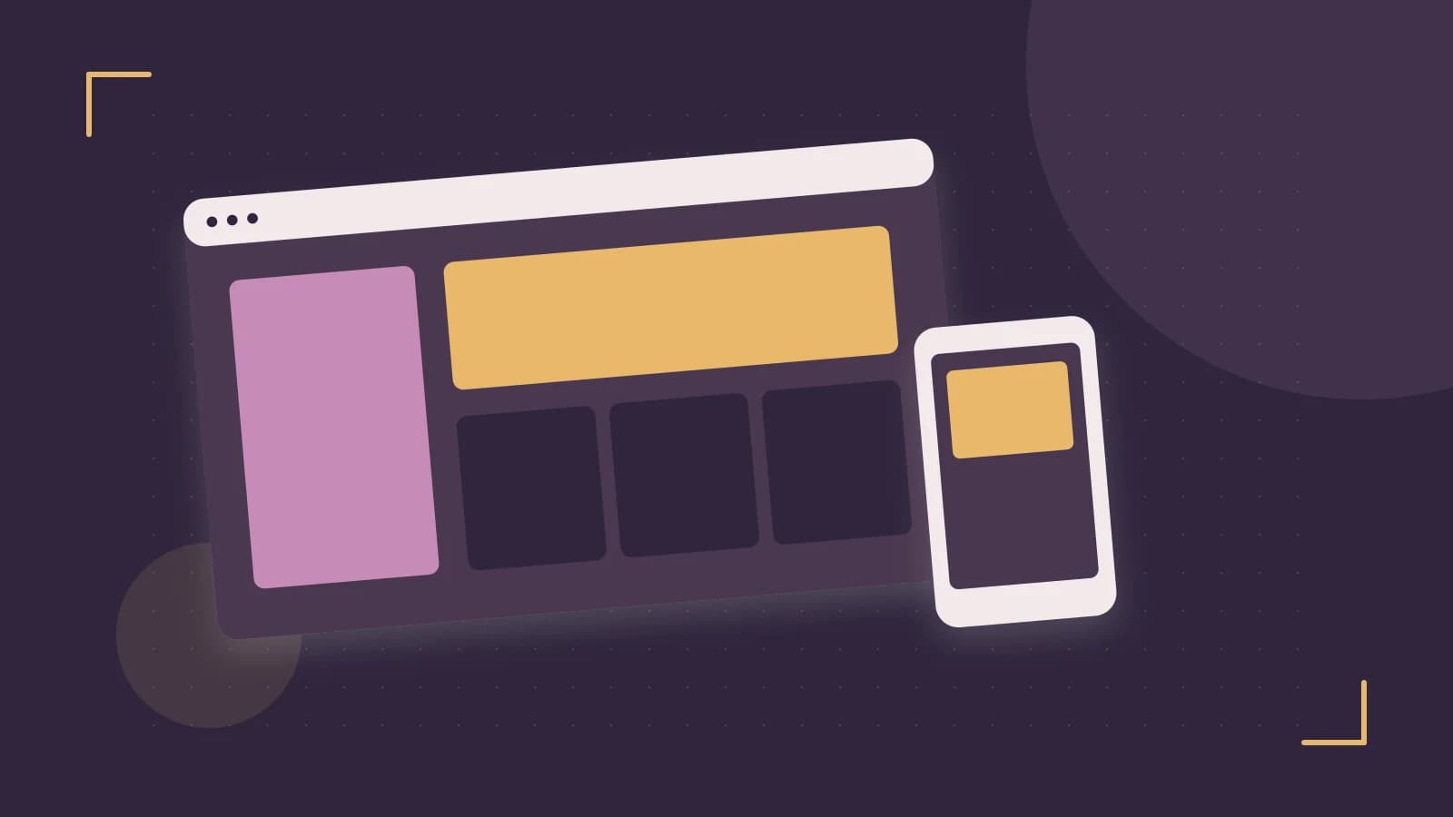 Editorial illustration of responsive browser layouts, overlapping design components and a color system