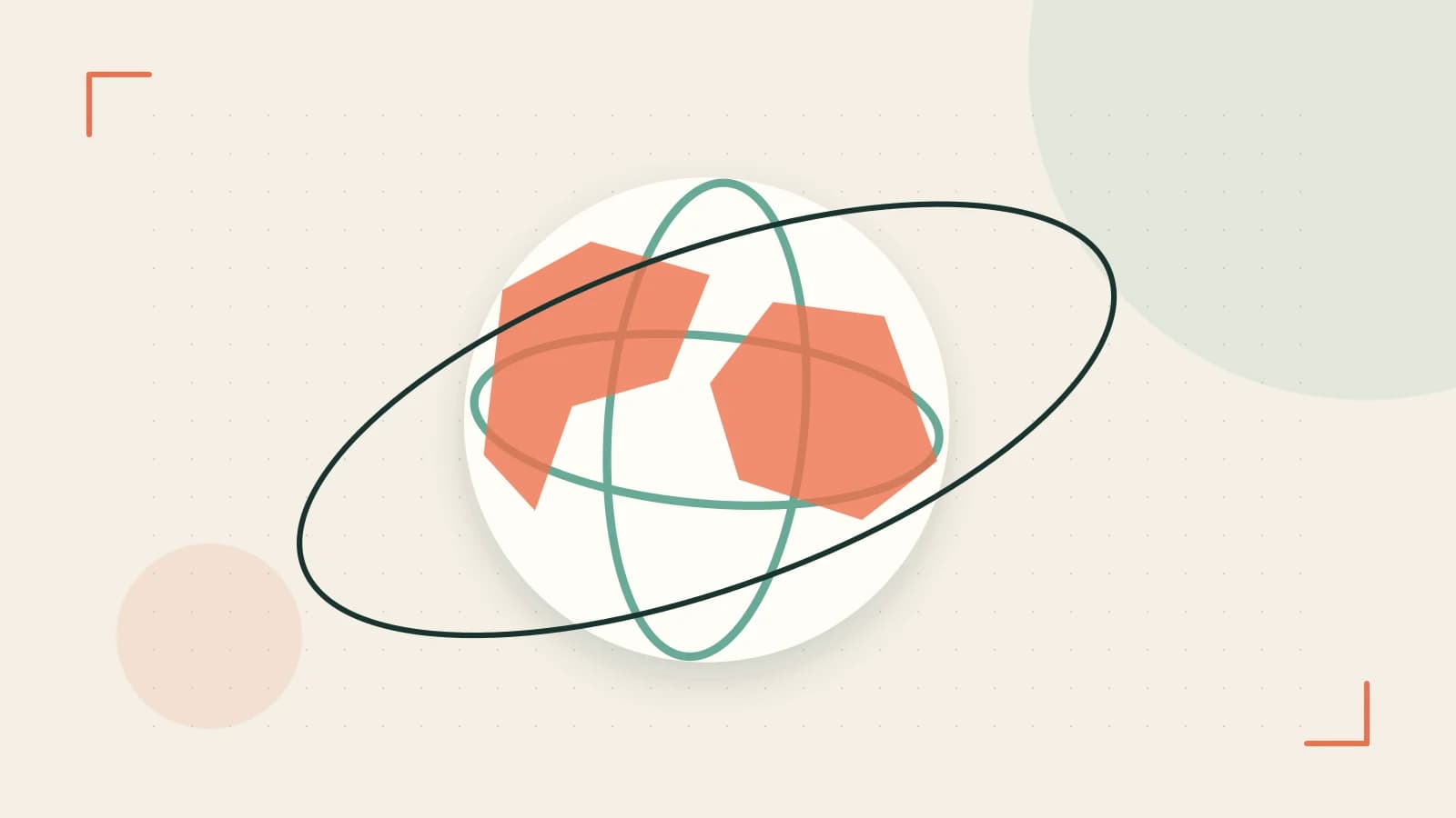 Editorial illustration of an editorial globe with meridians and layered geographic shapes