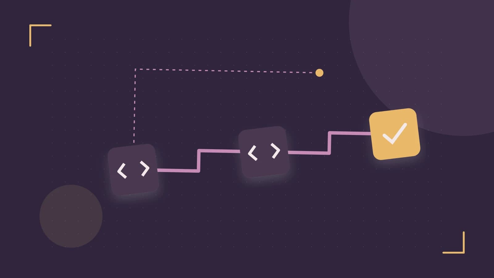 Editorial illustration of a branching build pipeline, staged transformations and a completed check