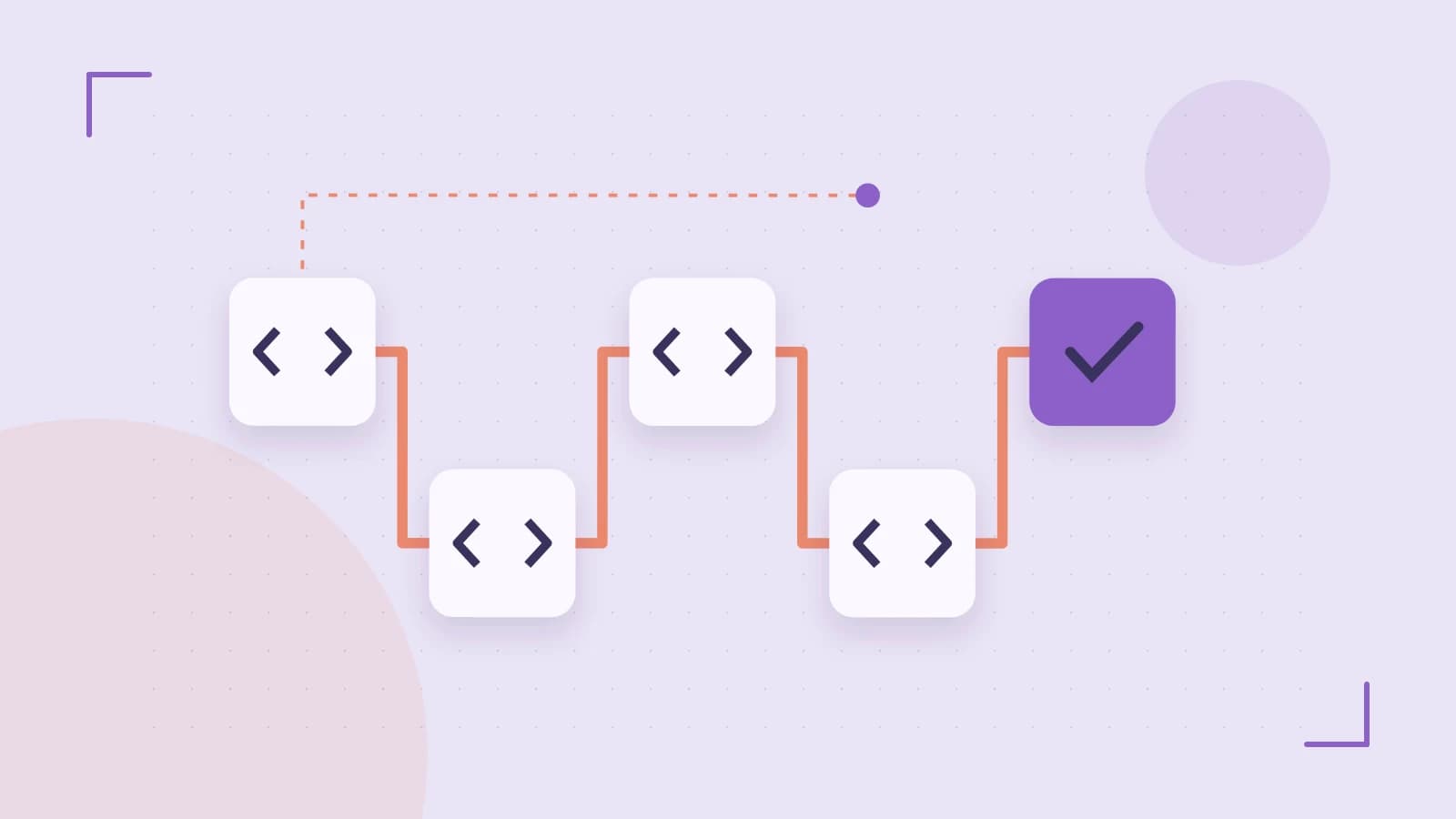 Editorial illustration of a branching build pipeline, staged transformations and a completed check