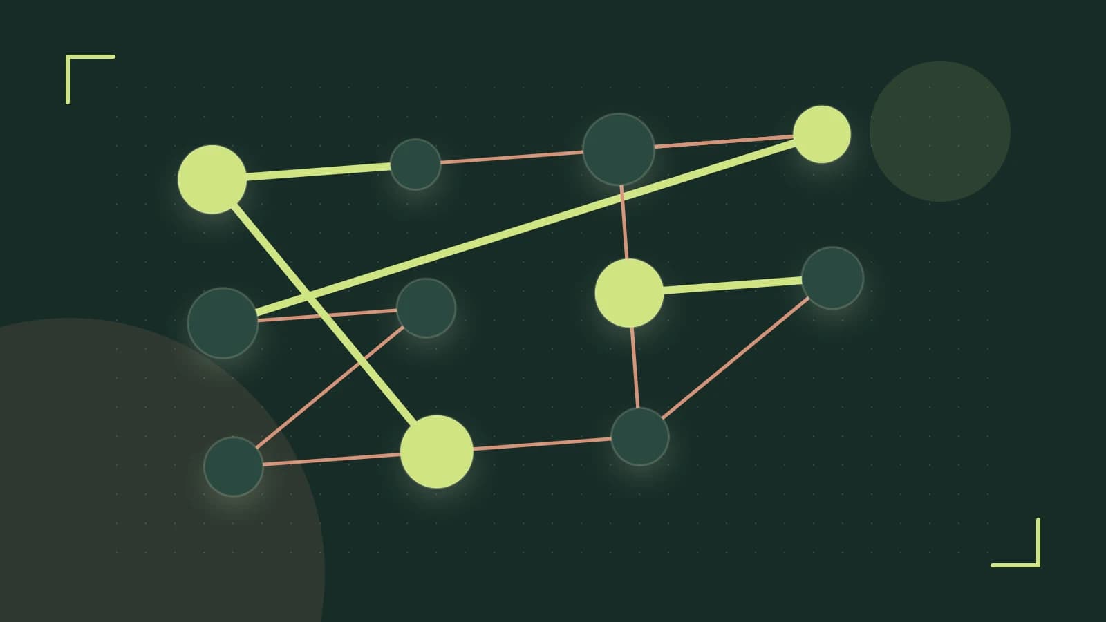 Editorial illustration of an algorithmic node graph with branching paths and a highlighted result